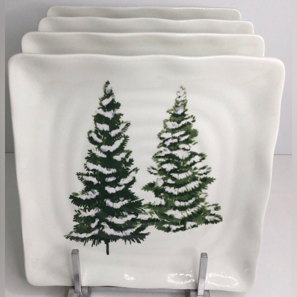 4 Square Salad Dessert Plates Christmas Pine Trees 8 1/2" New